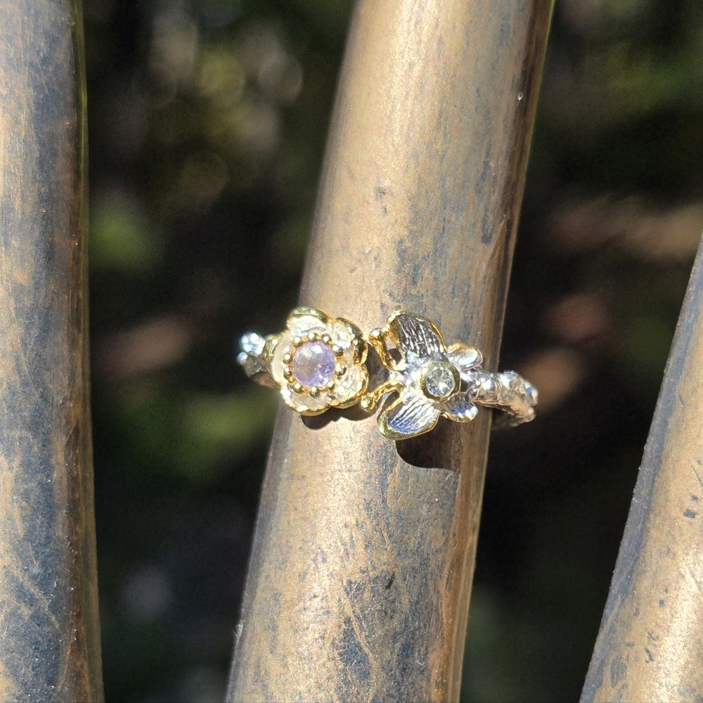 Tanzanite & Blue Topaz Flower & Butterfly Sterling & Gold Ring Sz6 Adjustable - Picture 7 of 9
